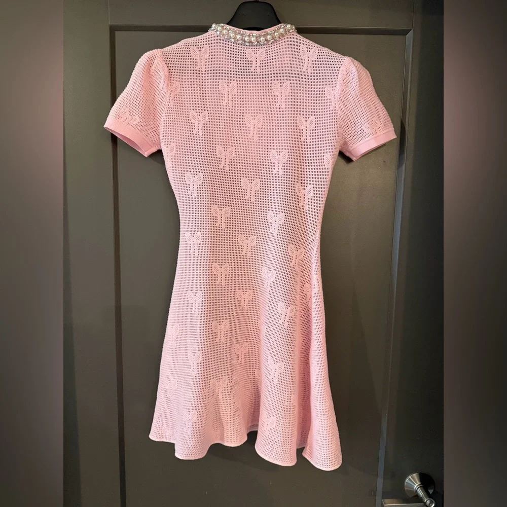 Self-Portrait Pink Short-Sleeve Knit Pocket Dress with Pearl Buttons - Picture 8 of 9